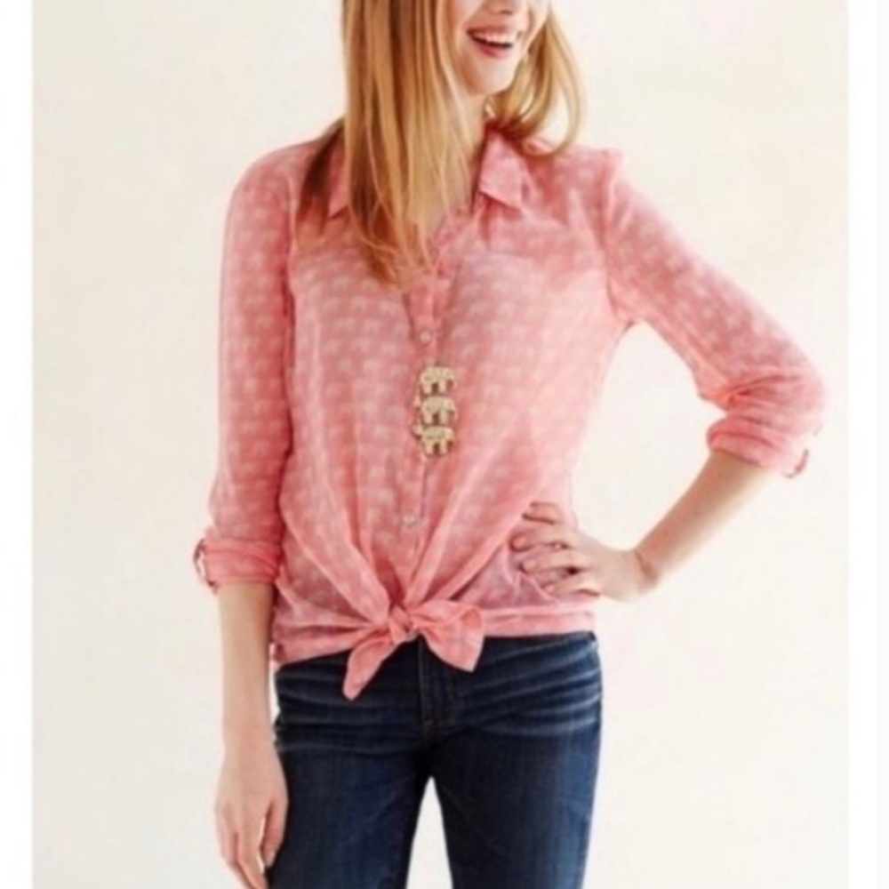 Anthropologie Hei Hei Pink Elephant Print Gauze Button Down Blouse Size M